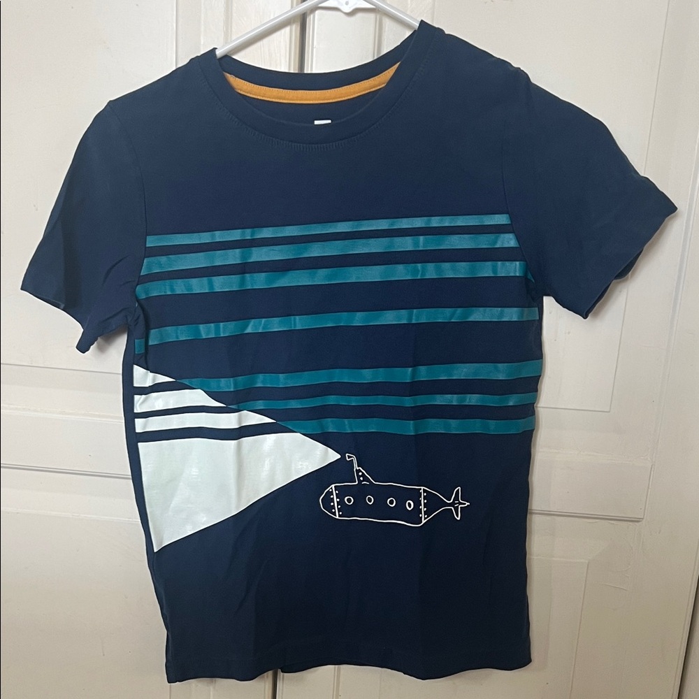 Tea Collection Navy Tee with Teal Stripes and Submarine Graphic